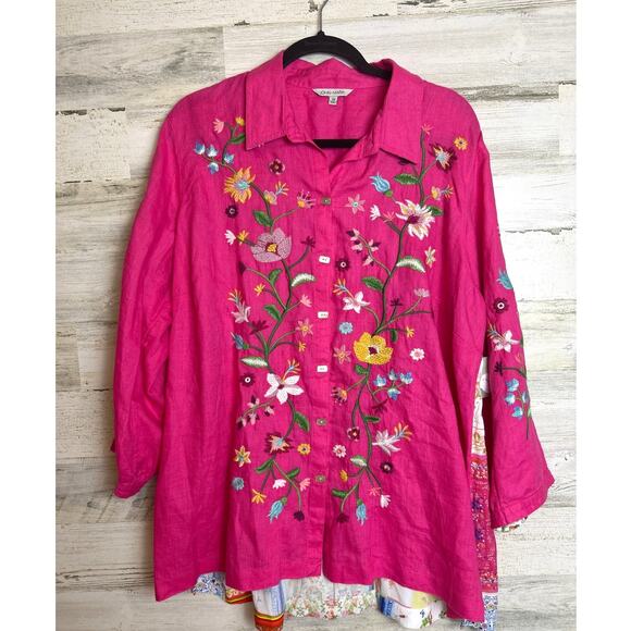 John Mark plus 1X pink embroidered boho blouse top button up shirt  new linen - Picture 2 of 9